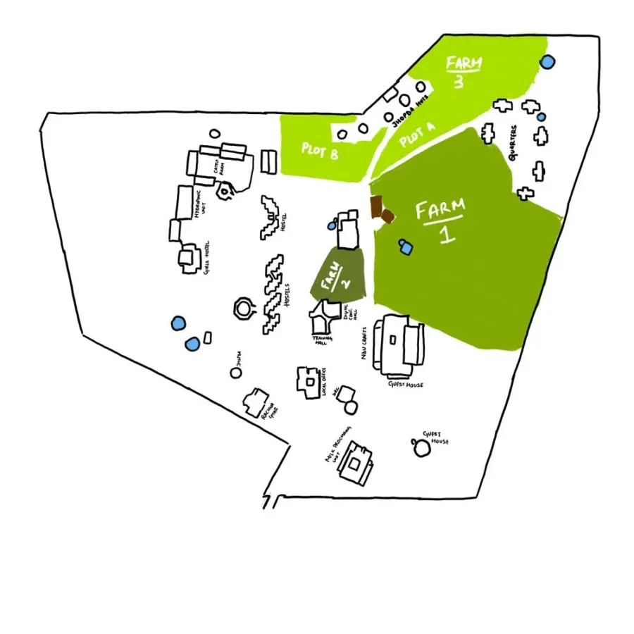 Map of the Seemant Campus, highlighting the 3 Demo farms